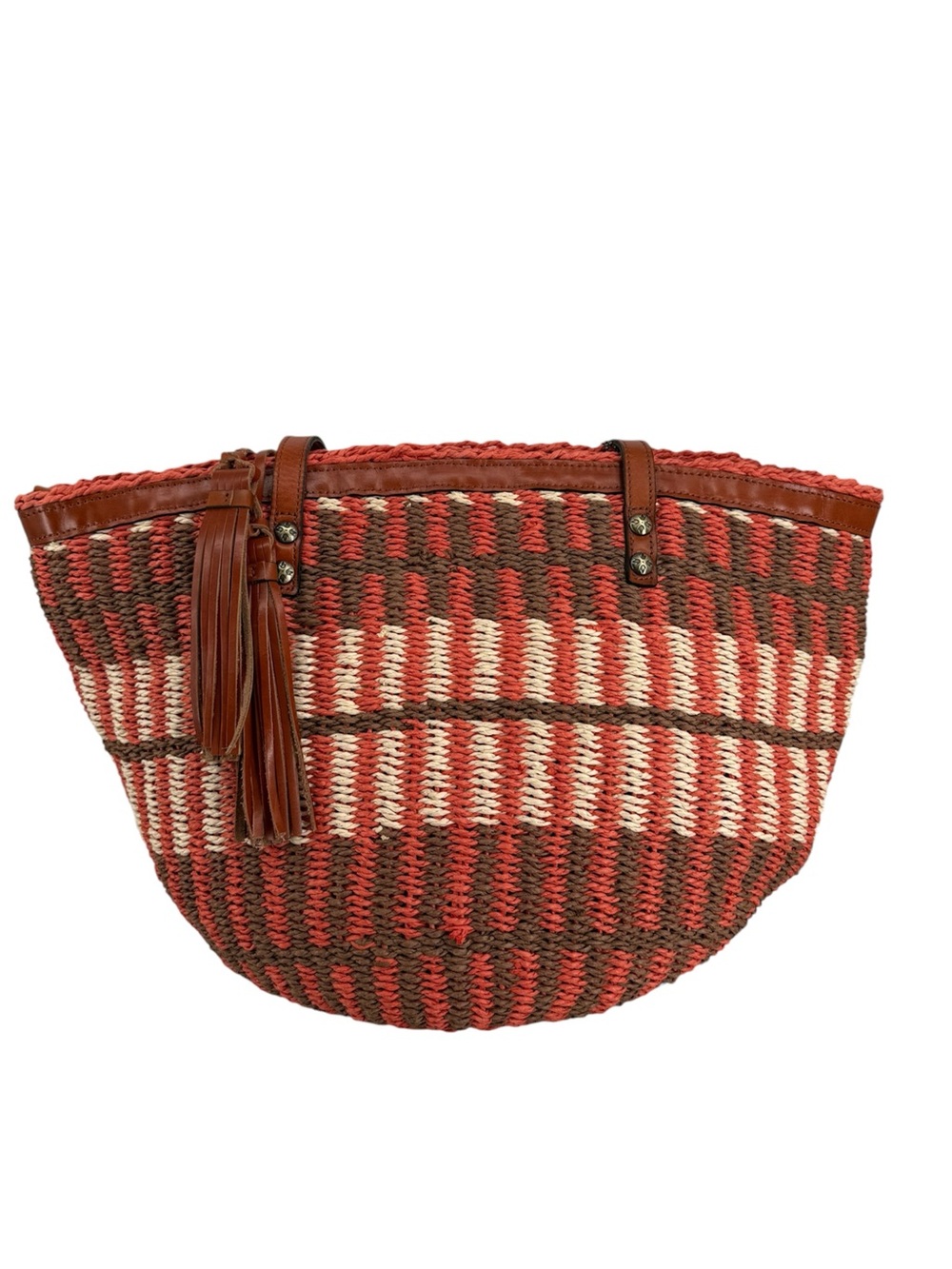 Patricia Nash Red, Brown & Cream Woven Straw Tote with Tassel
